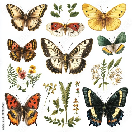 Colorful Vintage Butterfly and Floral Illustrations Collection