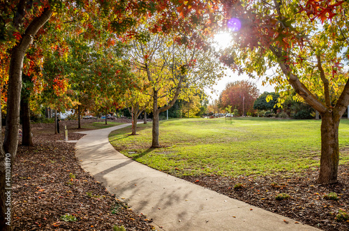 A curved concrete footpath winds through a vibrant suburban park with autumn trees. A warm and inviting atmosphere in a well-maintained public green space in Australia. Werribee, Melbourne. photo