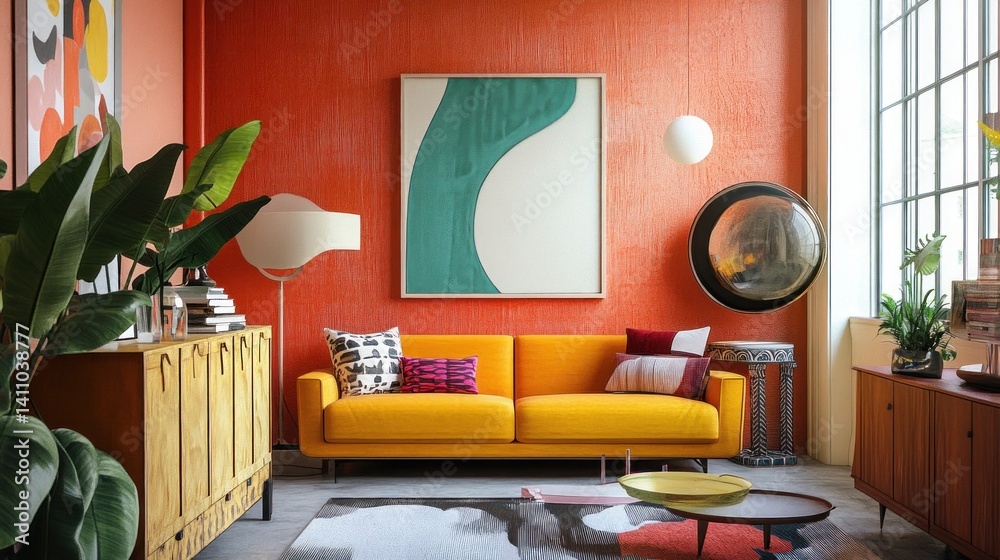 Retro pop living room with vibrant decor, quirky vintage pieces, and a playful, dynamic layout.