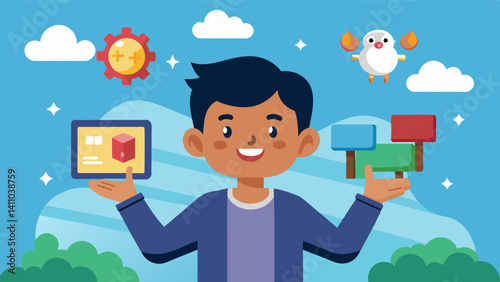 A young boy excitedly shows his family the game he created complete with challenging levels and cool graphics.. Vector illustration