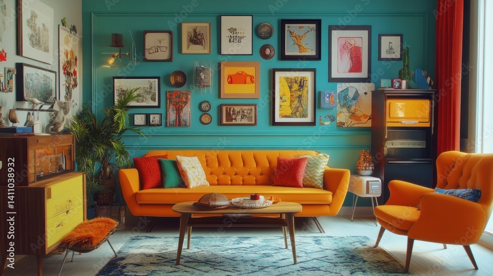 Retro pop living room with vibrant decor, quirky vintage pieces, and a playful, dynamic layout.