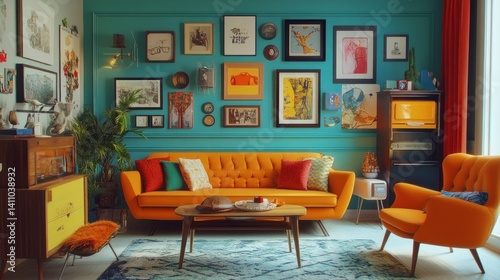 Obraz na płótnie Retro pop living room with vibrant decor, quirky vintage pieces, and a playful, dynamic layout. w salonie