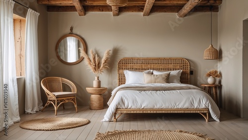  rustic, minimalist bedroom with a warm, earthy color palette. The room features a large bed with a woven rattan headboard, dressed in white and beige linens.