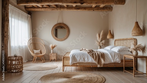  rustic, minimalist bedroom with a warm, earthy color palette. The room features a large bed with a woven rattan headboard, dressed in white and beige linens.