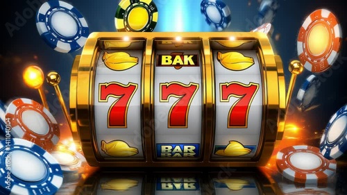Golden Slot Machine with Winning 777 Combination