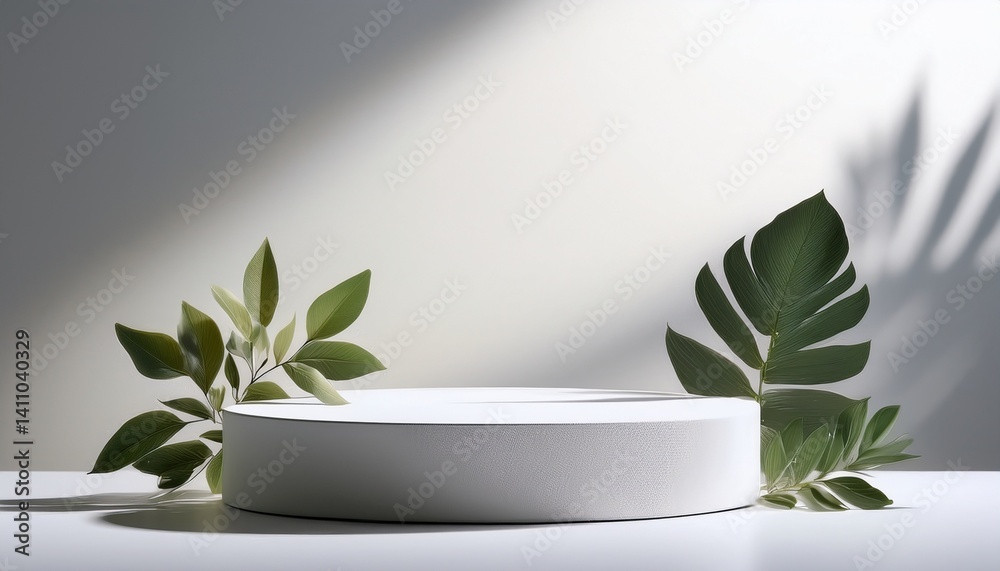 Podium product display stand with shadow of the flower and leaves, white background Podium product display stand with shadow of the flower and leaves, white background