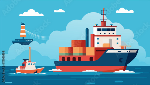 A tugboat carefully guiding a massive cargo ship into port its data navigation system precisely calculating the route and avoiding any potential accidents.. Vector illustration