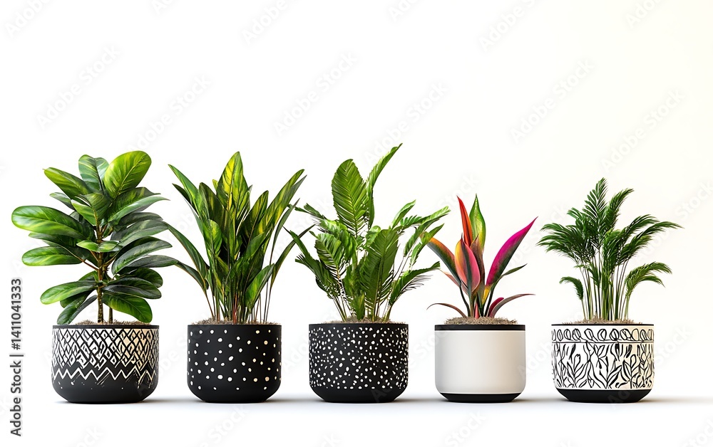 Obraz premium Five potted plants in a row, each uniquely patterned against a white background