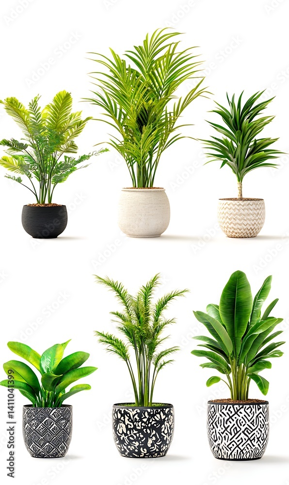 Obraz premium Potted plants collection, lush green foliage in decorative planters on white background
