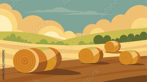The muted colors of the pitifully undersized hay bales their oncefluffy texture now matted and lifeless mirroring the lack of nutrients in the soil.. Vector illustration