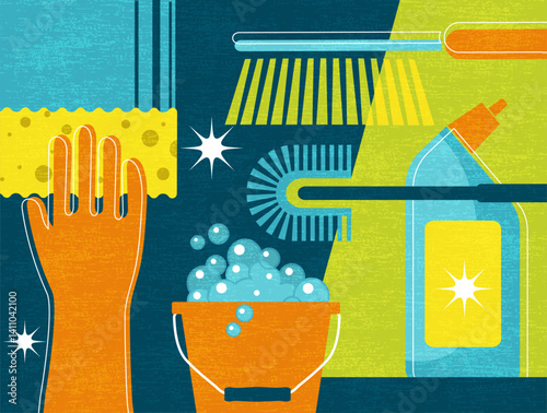 Cleaning tools collage in simple flat style. Spring cleaning illustration.