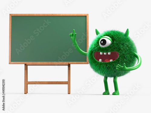 Fluffy, cute monster points to a blank chalkboard, symbolizing education or ideas. 3D rendering, conceptual image. Isolated on white background.