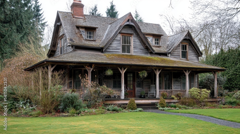 Rustic country exterior with weathered siding, a wrap-around porch, and quaint, charming landscaping.
