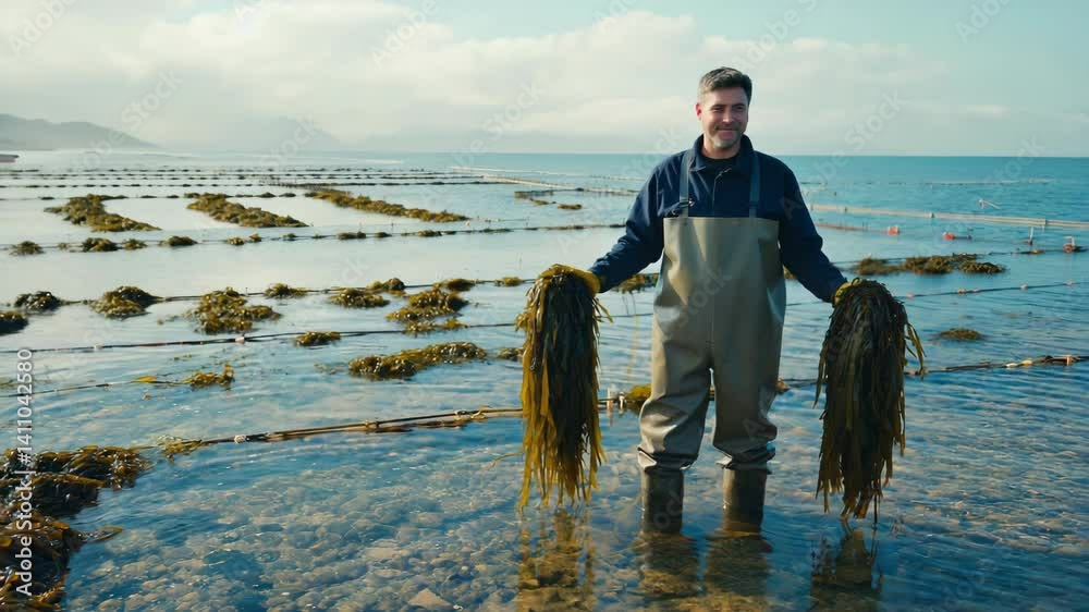 Seaweed farmer stands knee deep in ocean, holding seaweed, with aquaculture farm in background on a sunny day.