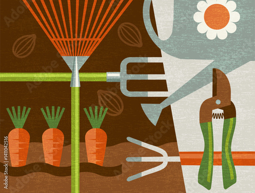 Gardening tools collage in simple flat style. Spring yard work illustration