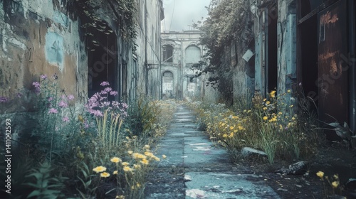 Weathered alleyway filled with wildflowers in a decaying urban structure. photo