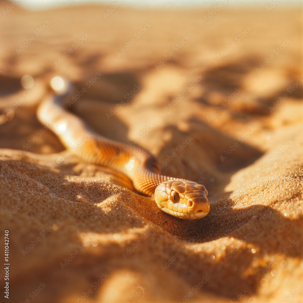 Fototapeta premium Low angle view of a snake slithering across sunlit desert sand