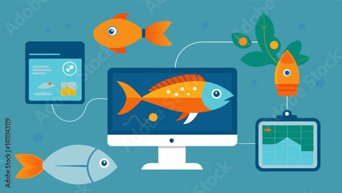Computerized monitoring of fish behavior and health allowing for early detection of any issues and prompt intervention to prevent disease outbreaks.. Vector illustration