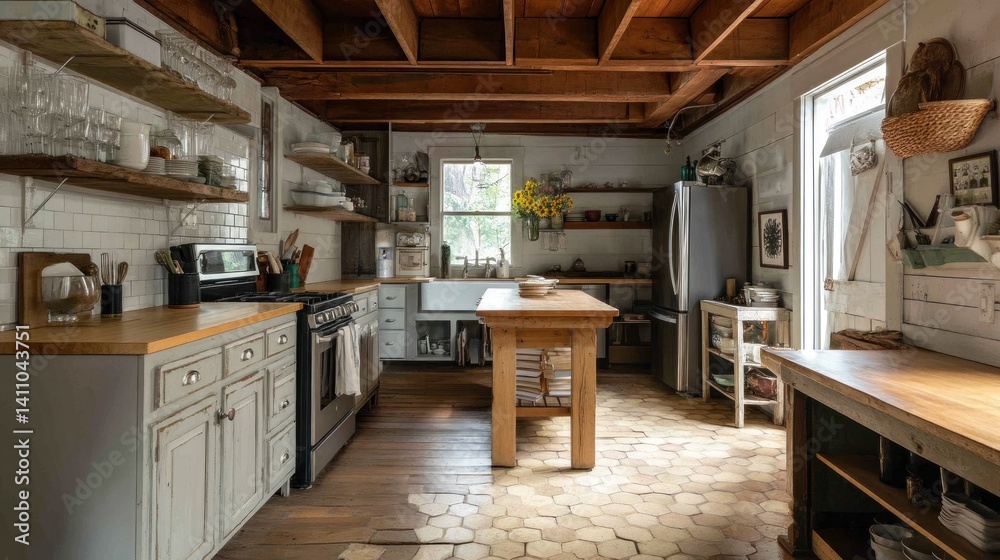 Rustic farmhouse kitchen with vintage cabinets, butcher block countertops, and open shelving