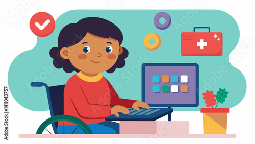 A child with a physical disability uses a visual programming language to create her own computer games giving her a sense of independence and accomplishment.. Vector illustration