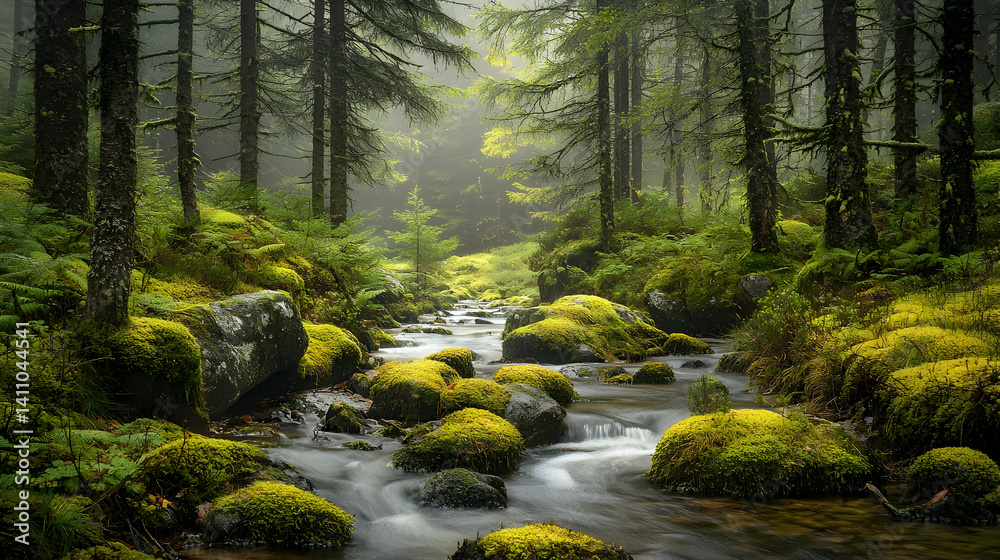 Obraz premium Tranquil Forest Stream With Mossy Rocks And Sunlight