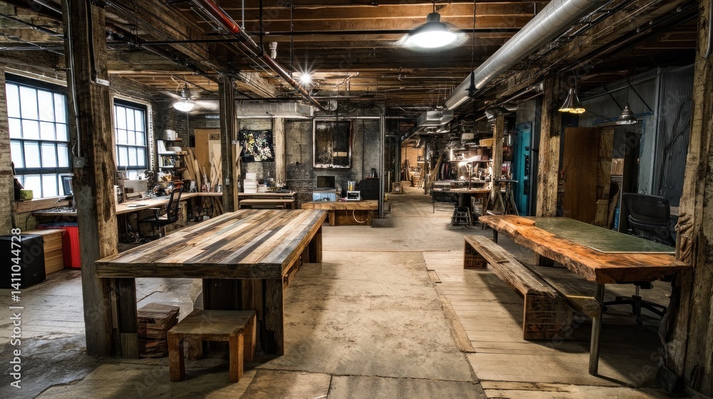 Rustic industrial workspace with reclaimed wood, exposed metal structures, and a creative, raw aesthetic.