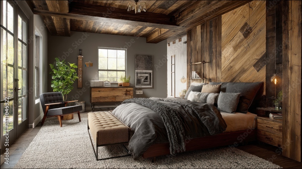 Rustic modern bedroom with reclaimed wood accents, earthy tones, and a blend of comfort and style.