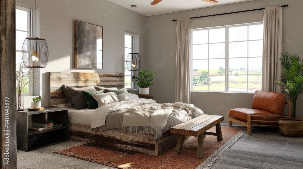 Rustic modern bedroom with reclaimed wood accents, earthy tones, and a blend of comfort and style.