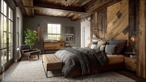 Obraz na płótnie Rustic modern bedroom with reclaimed wood accents, earthy tones, and a blend of comfort and style. w salonie