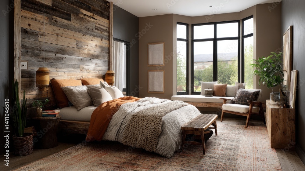 Rustic modern bedroom with reclaimed wood accents, earthy tones, and a blend of comfort and style.