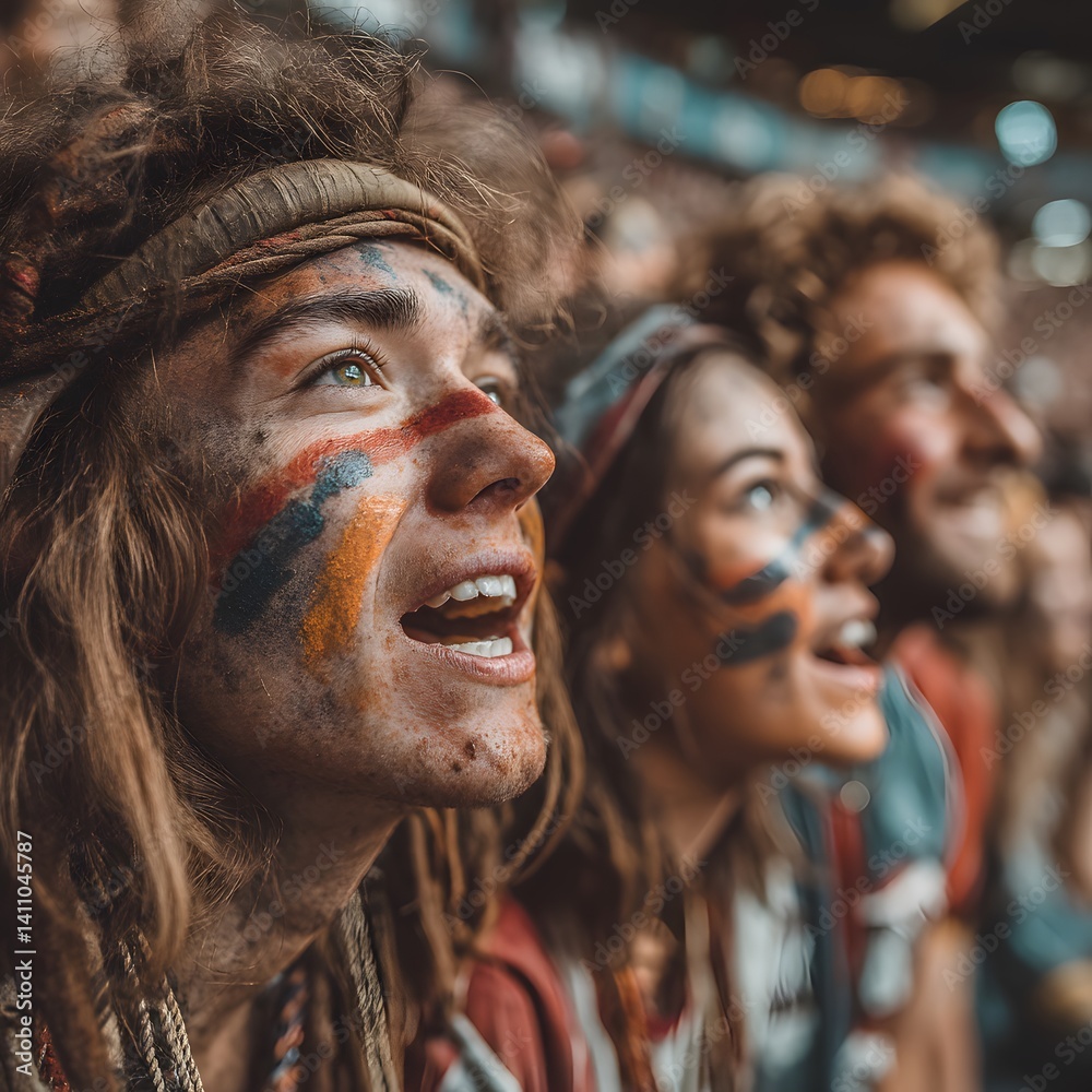 Three sports fans with face paint cheering at a sporting event in a stadium Three sports fans with face paint cheering at a sporting event in a stadium