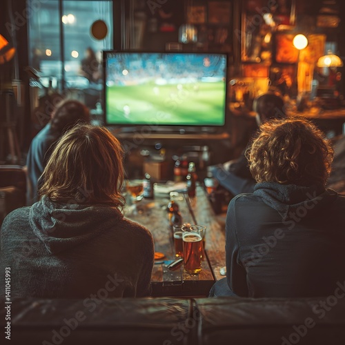 People watching a soccer game on tv in a bar with beer on the counter and dark setting