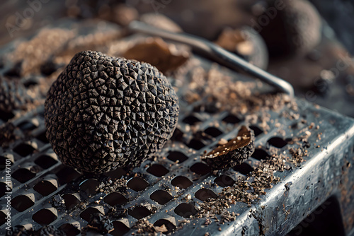 Black truffle on a grater, close-up, real photo shoot, natural lighting, high-resolution photography, professional color grading, clean, sharp focus, high quality.