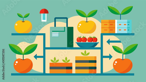 Employing smart storage and packaging solutions to extend the shelf life of harvested fruits and reduce postharvest losses.. Vector illustration
