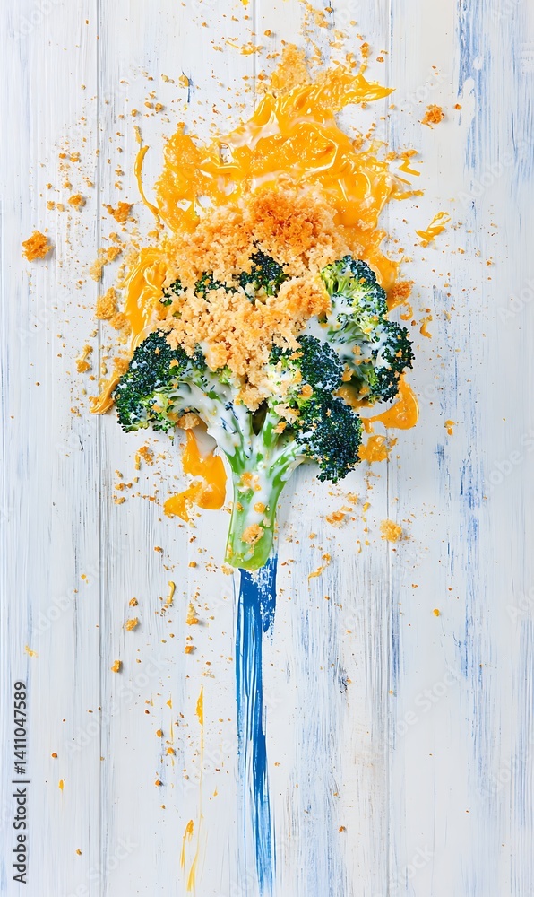 Fototapeta premium Baked Broccoli Floret with Cheese Sauce and Crumbs on Rustic White Wood Table