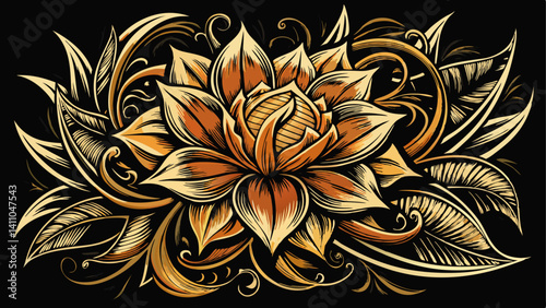 An ornate illustration of a stylized lotus flower in shades of orange and gold, surrounded by swirling leaves and tendrils on a black background.