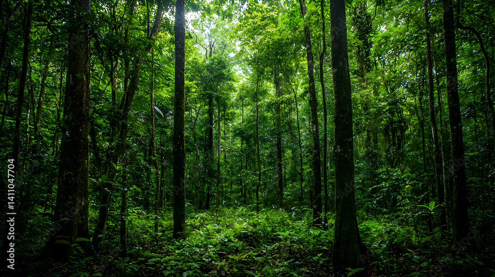 Dense Lush Green Forest With Sunlight Beams Dense Lush Green Forest With Sunlight Beams