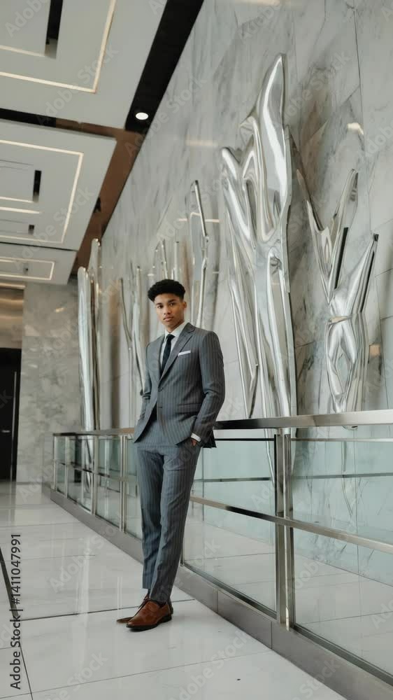 custom made wallpaper toronto digitalYoung adult in striped gray suit stands with hands in pockets near wall art in a modern stylish building