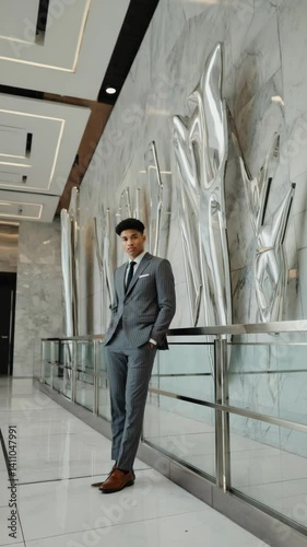 Wallpaper Mural Young adult in striped gray suit stands with hands in pockets near wall art in a modern stylish building Torontodigital.ca