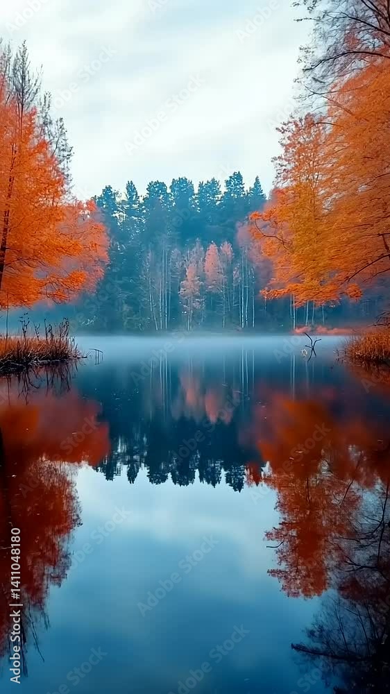 Serene autumn landscape with vibrant orange trees reflecting in a calm lake at dawn Serene autumn landscape with vibrant orange trees reflecting in a calm lake at dawn