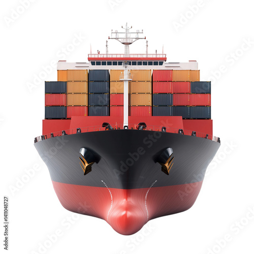 Container ship transporting cargo enters harbor during the day with colorful shipping containers stacked neatly on deck