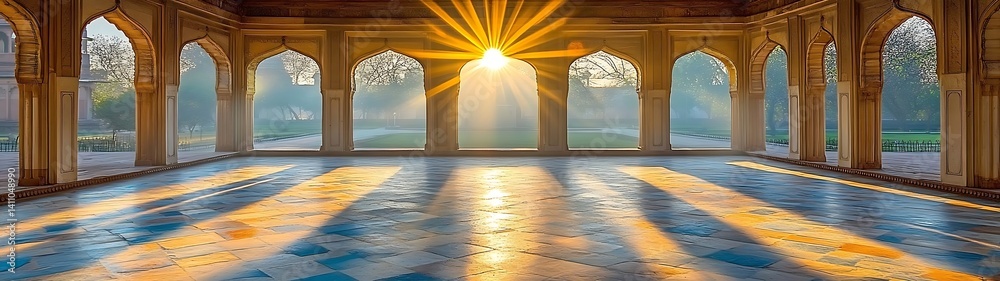 Fototapeta premium Sunbeams Through Arches, Garden Courtyard