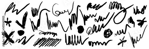 Scribble chalk set. Hand drawn pencil texture curly lines. Freehand crayon drawing squiggles, strokes collection. Paint brush sketch. Grunge charcoal scrawl vector illustration isolated elements