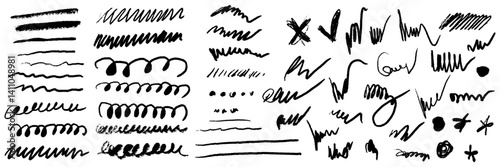 Scribble chalk set. Hand drawn pencil texture curly lines. Freehand crayon drawing squiggles, strokes collection. Paint brush sketch. Grunge charcoal scrawl vector illustration isolated elements