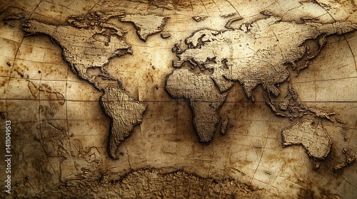Vintage Sepia-Toned World Map, A vintage-style world map with an aged, sepia-toned appearance