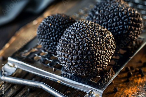 Black truffle on a grater, close-up, real photo shoot, natural lighting, high-resolution photography, professional color grading, clean, sharp focus, high quality.