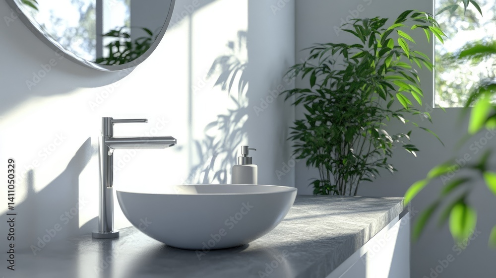 Fototapeta premium A serene bathroom interior featuring a minimalist round bathtub. complemented by a lush green plant. with soft natural light casting gentle shadows on the textured wall