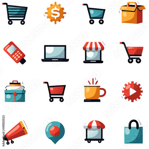This vector icon set showcases various shopping cart symbols for online business and retail