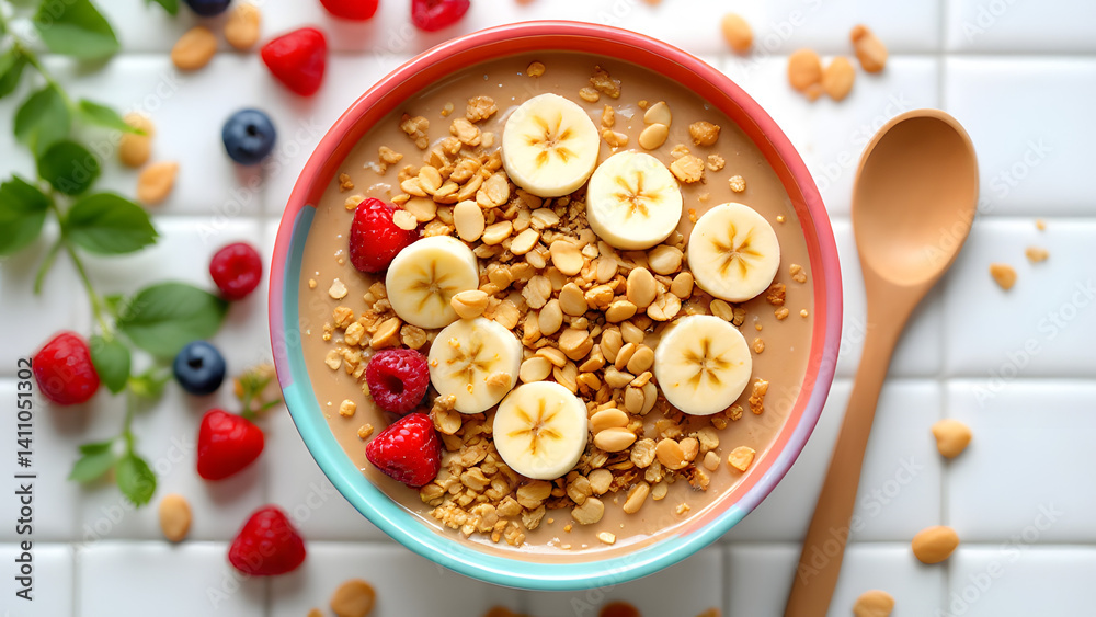 Healthy breakfast bowl with berries, banana, granola, and peanut butter Healthy breakfast bowl with berries, banana, granola, and peanut butter
