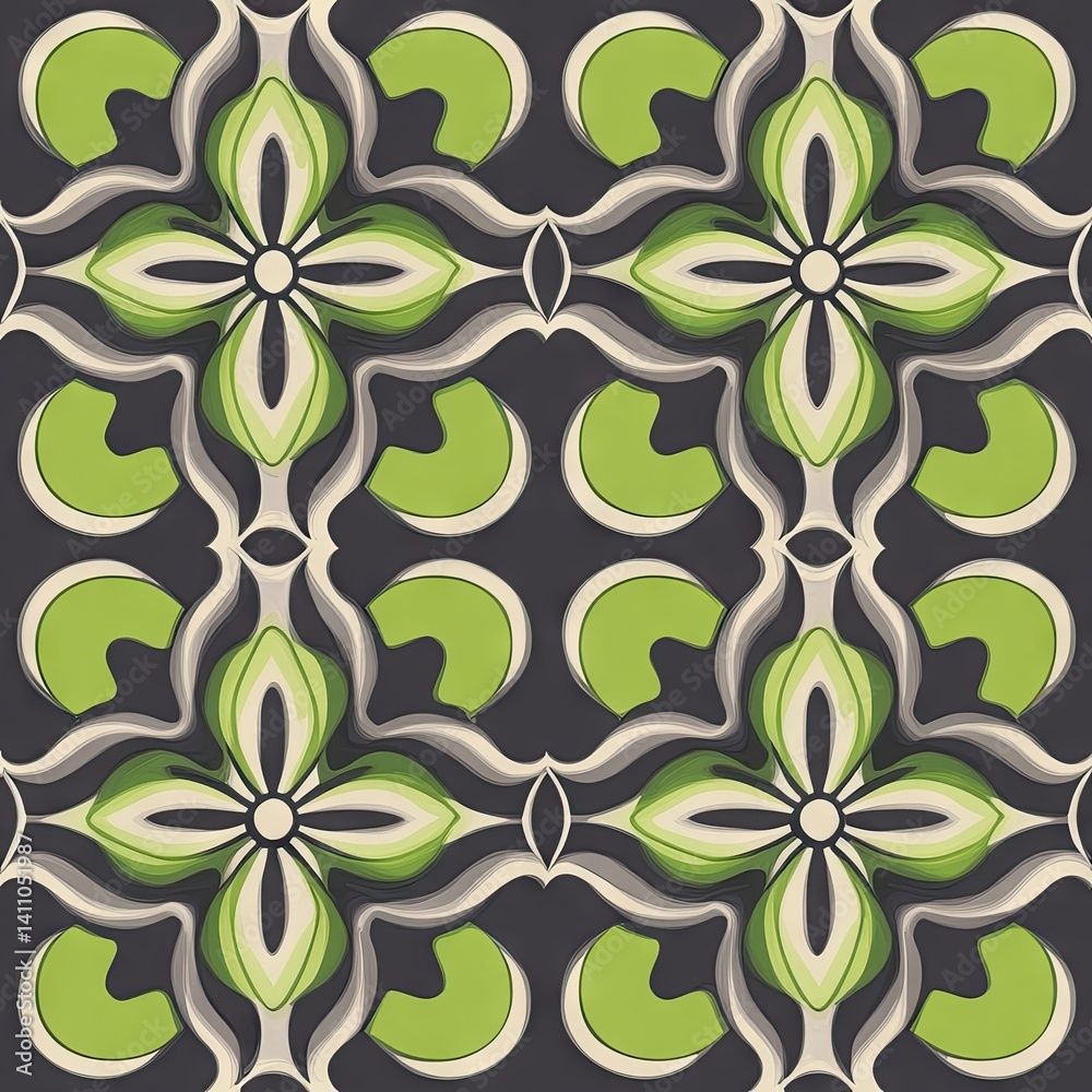 A vibrant and intricate abstract design featuring flowing green and earthy tones. creating a dynamic visual rhythm suitable for wallpaper or fabric patterns